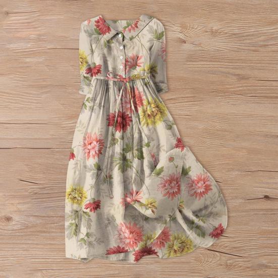 Женское летнее платье с отложным воротником и цветочным принтом, с короткими рукавами, плиссированное трапециевидное платье с высокой талией и большим подолом, однобортное платье миди для отдыха