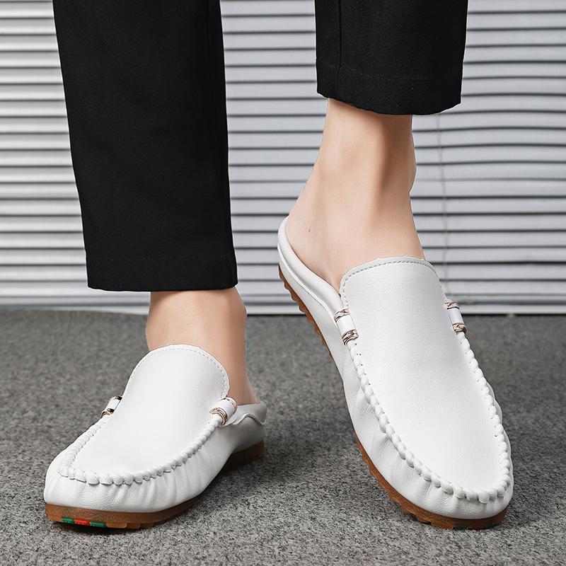 Leather Half Shoes for Men Backless Loafers Slippers Mules Men Casual Shoes Outdoor Man Slides Men's Flats Non-slip Lazy Shoes