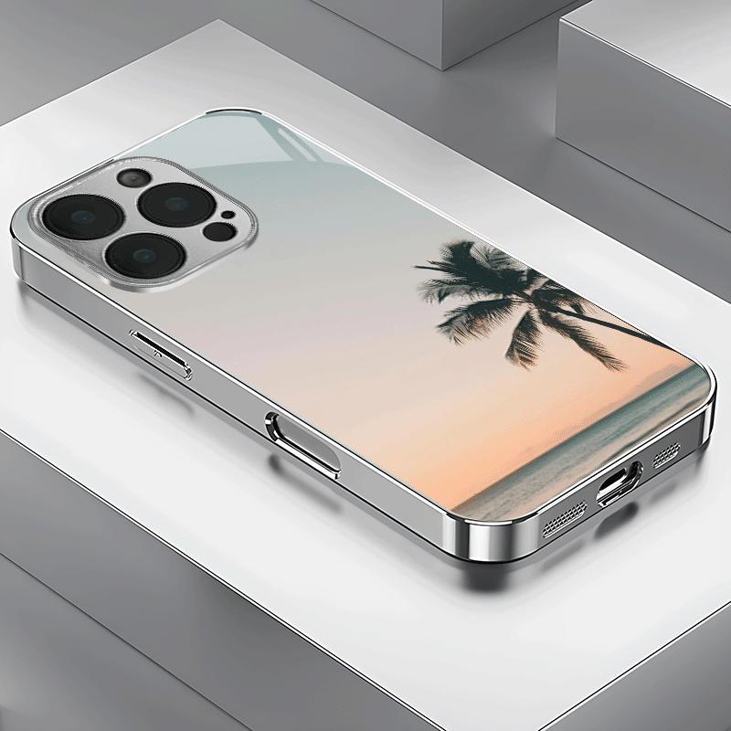 Seaside coconut tree patterned glass phone case suitable for iPhone 17 16 15 14 13 12 11 Pro/Max/Plus anti drop and shockproof
