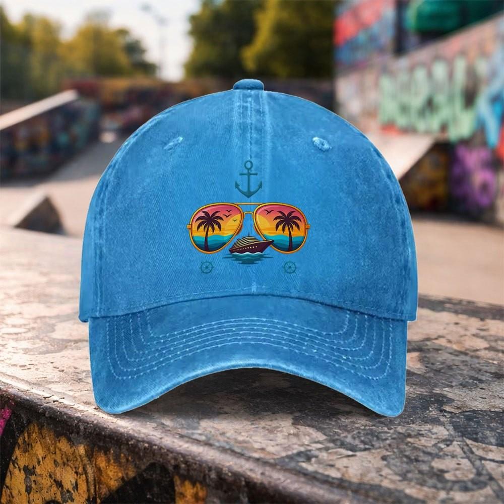 Cruise Beach Sunglasses Graphic Washed Baseball Cap Summer Outdoor Adjustable Cotton Hat