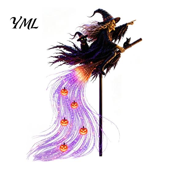 Garden Lawn Stake Decor Solar Halloween Witch Light, Waterproof Metal Flying Broomstick Fiber Optic Yard Lighting Pathway Light with Waterfall LED for