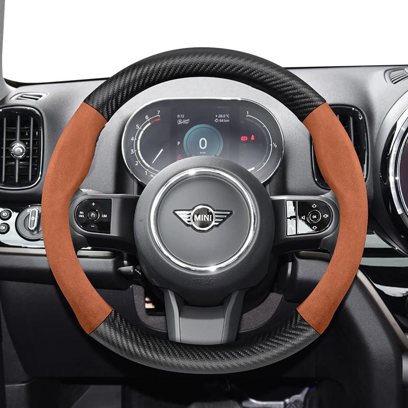 Suitable for MINI Suede Carbon Fiber Texture Steering Wheel Cover Countryman Cooper 2 4 Door Convertible SE ALL4 R56 F56 R50 Red w3