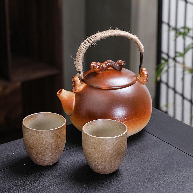 Coarse pottery tea set, household ceramic Kung Fu teacup, beam pot, teacup fireplace tea with gift box.
