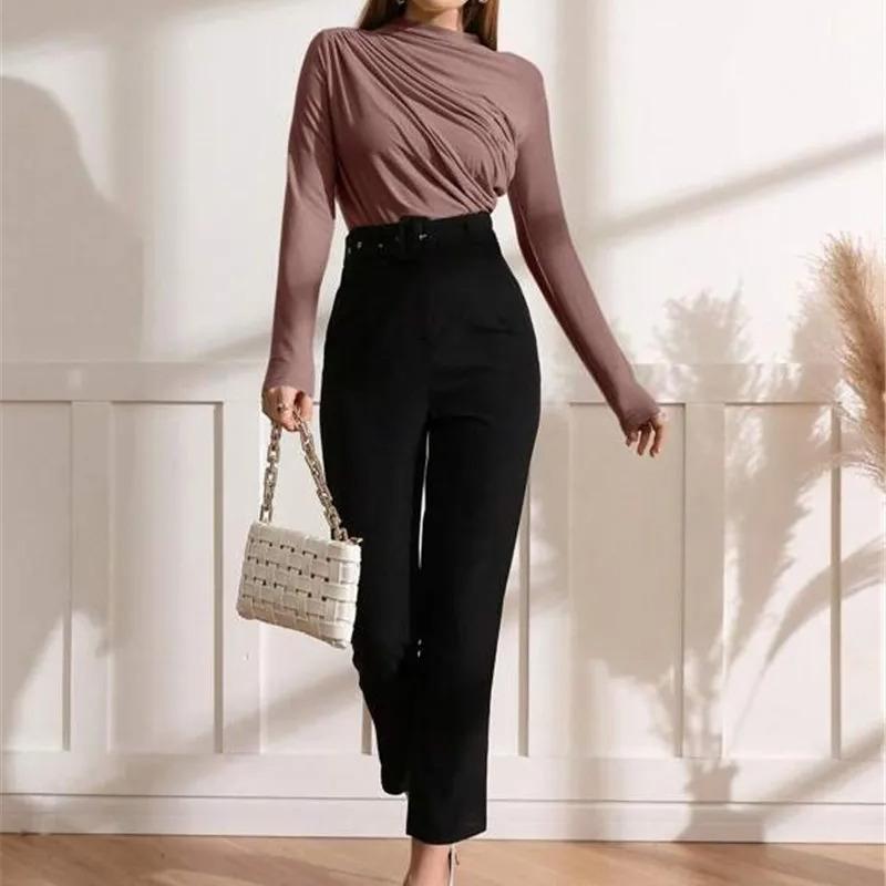 Autumn Women Long Sleeve Elastic Pure Color Going Out Tops Ruched Fashion Elegant Softy Slim Crop Top