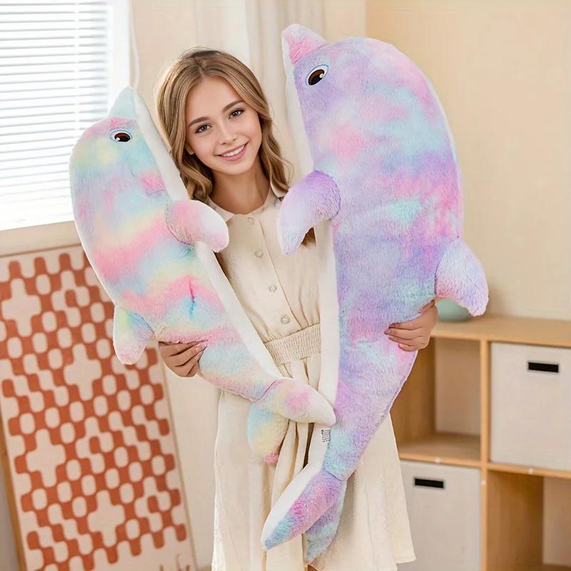 Большая очаровательная красочная плюшевая игрушка-подушка в виде дельфина, мягкая и приятная мультяшная модель для декора детской комнаты, подарки на день рождения для детей и взрослых