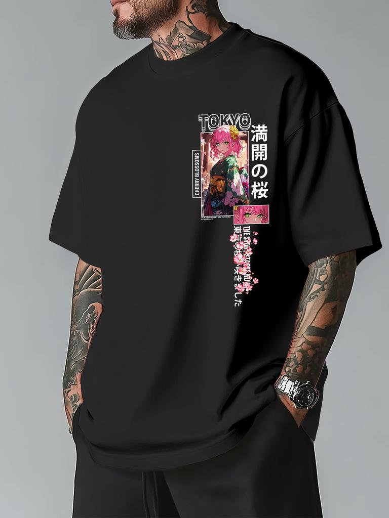 Unisex Summer Anime Print Crewneck Casual Shortsleeved Tshirt with Cherry Blossom Pattern Japanese Text Suitable for Daily Wear