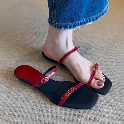 Минималистичная версия~ Ретро Красный Темперамент Однословные Шлепанцы Женские С Открытым Носком 2025 Лето Универсальные Плоские Сандалии