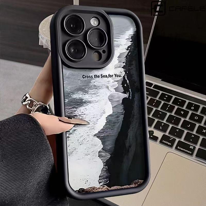 Синий чехол для iPhone с изображением пляжного яблока для 13/14/15 Pro, 16 Pro Max – Стильный, Трансграничный дизайн для США и Европы.