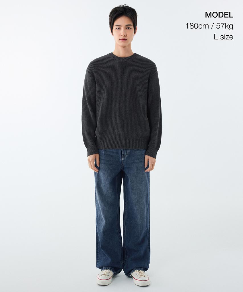 MUSINSA STANDARD Cotton Ribbed Crew Neck Knit [Medium Grey]