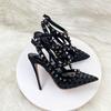 Advanced Rivet Breathable Mesh High Heels, Sexy Dark Floral Women's Sandals, Fashionable Plus Size Shoes