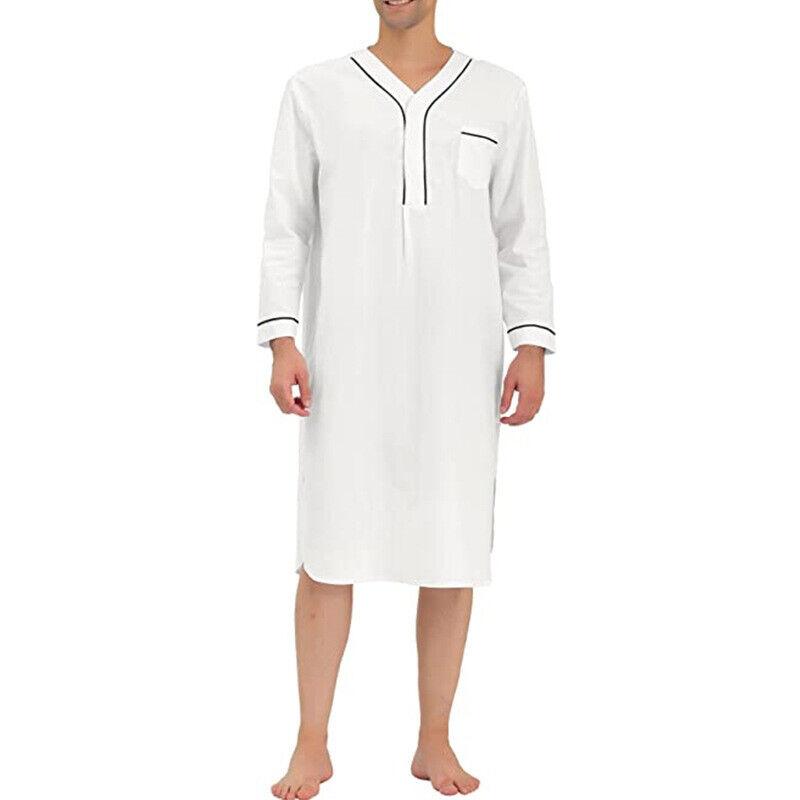 Men Kaftan Loose V Neck Long Sleeve Nightgown Pajamas Comfy Sleepwear Top Shirt Homewear Robe Casual Long Nightdress