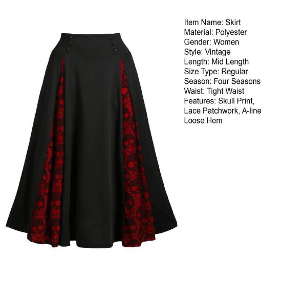 Женская юбка на Хэллоуин с высокой талией, винтажная вампирская косплей, средневековый череп с принтом, трапециевидной формы, свободный подол, зашнуровать, регулируемая талия, кружевная лоскутная юбка-миди