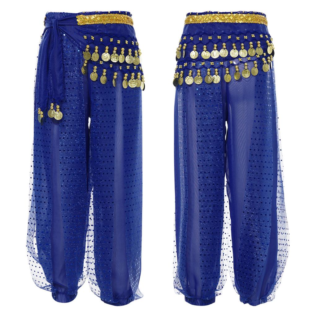 Kids Girls Belly Dance Performance Pants Sequined Dots Chiffon Trousers Bloomers with Tassels Waist Chain Hip Scarf