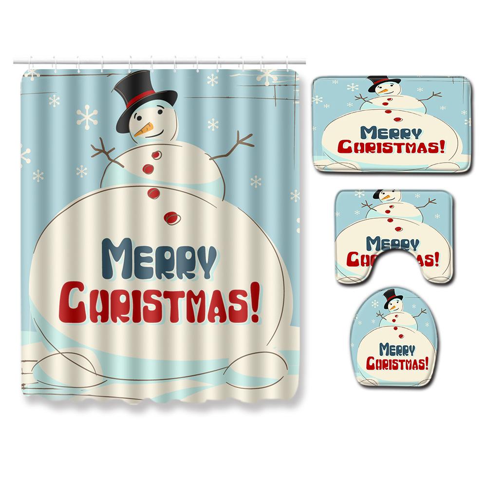 Christmas Shower Curtain Floor Mat Combination Four-Piece Bathroom Non-Slip Door Mat Foot Mat Bedroom Living Room Carpet
