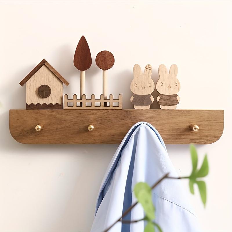 A Handmade Wooden Key Hook Set with a Cute Rabbit Statue - Wall-mounted, Polished and Stylish, Perfect for Your Entrance