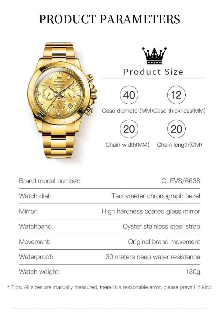 OLEVS Full Gold Automatic Wristwatch for Men Auto Date Waterproof High end Men's Watches