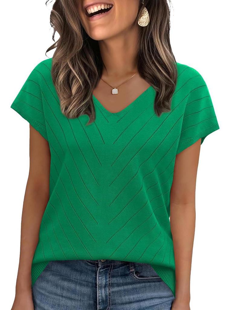 Летний горячий тренд 2026 года Пляжный отдых Короткий рукав V-образный вырез Ажурный повседневный вязаный свитер для женщин