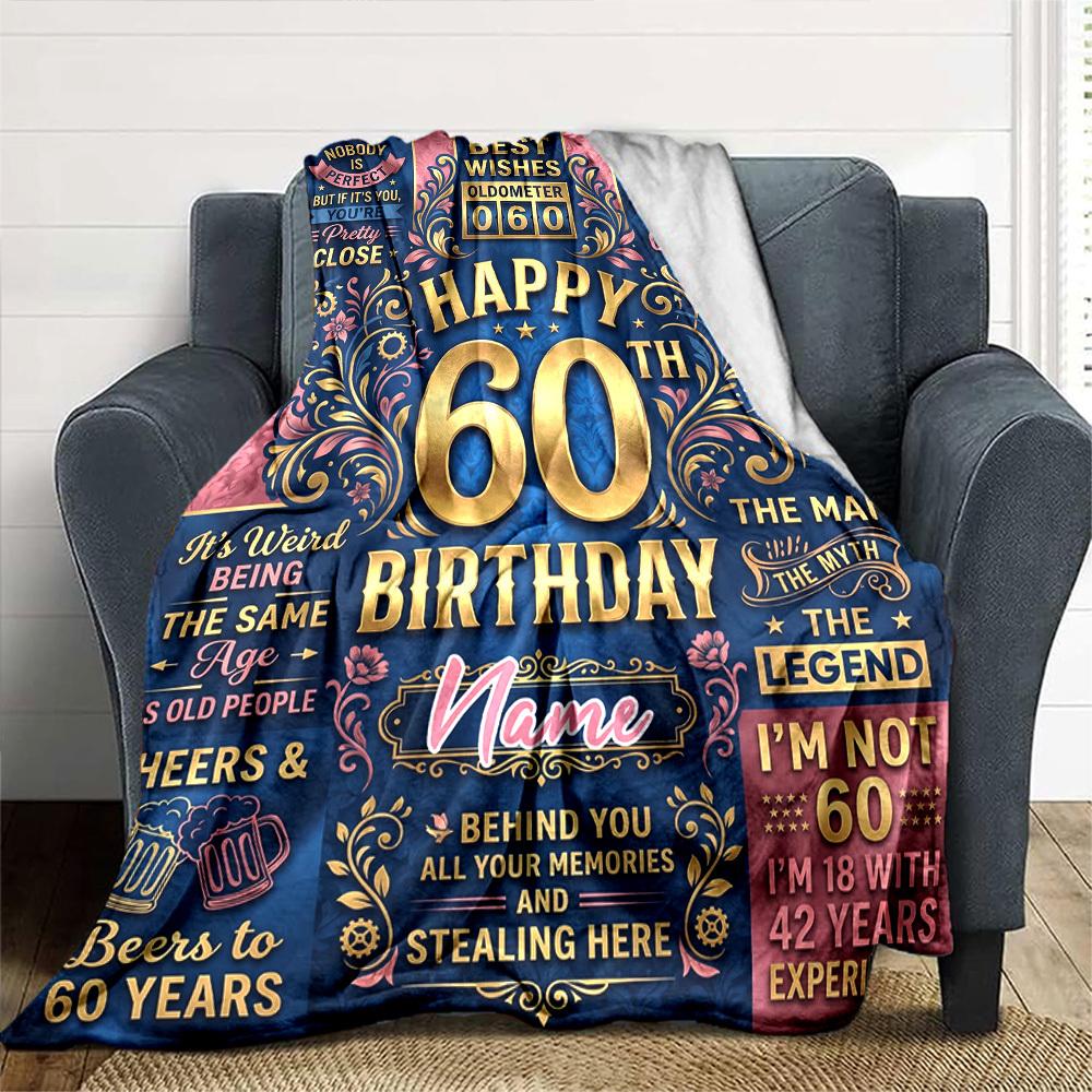 Happy 60Th Birthday Celebration Blanket Personalized Name Soft Warm And Versatile For Sofa Bed Office And Travel Machine Washable Comfortable In All