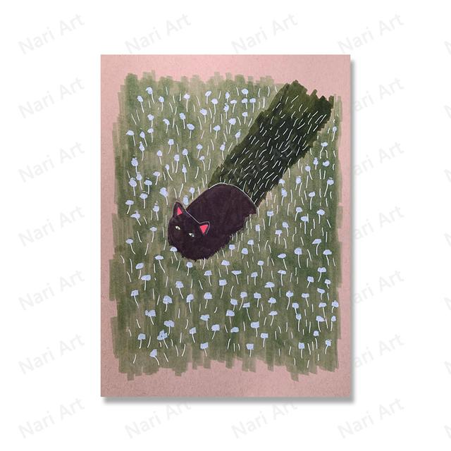 Винтажный абстрактный плакат с черным котом, четыре сезона, цветочная еда, кошачий принт, настенная картина, веселая ванная комната