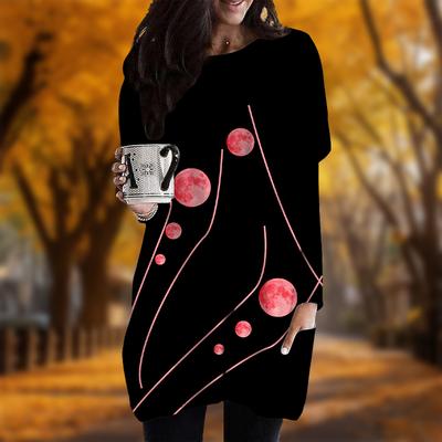 Новинка осени с принтом лунных линий и больших размеров платье для женщин с круглым вырезом и длинными рукавами повседневные платья с карманами