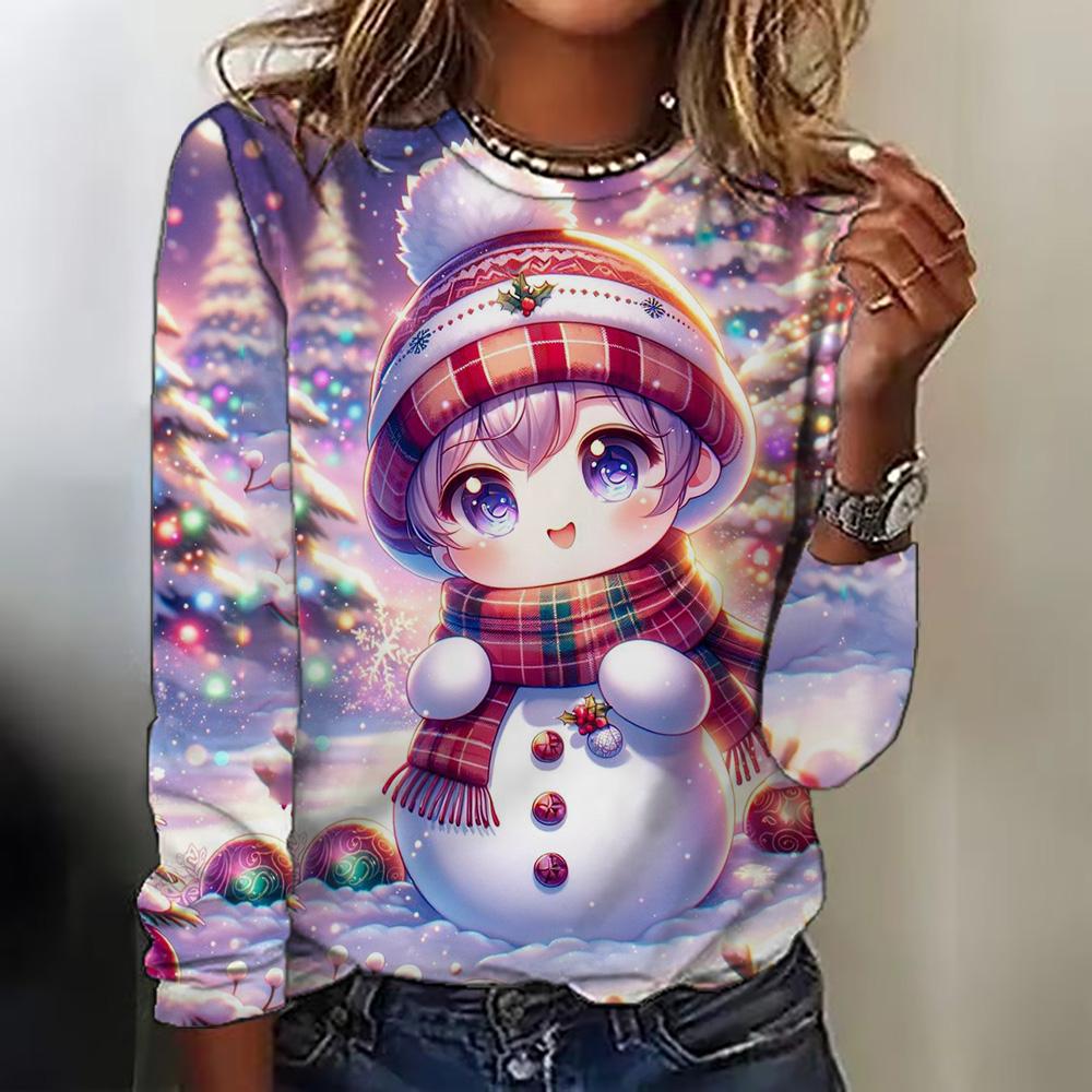 Spring and Autumn Long Sleeved Women's Top Christmas Printed Round Neck T-shirt Casual Cute Style