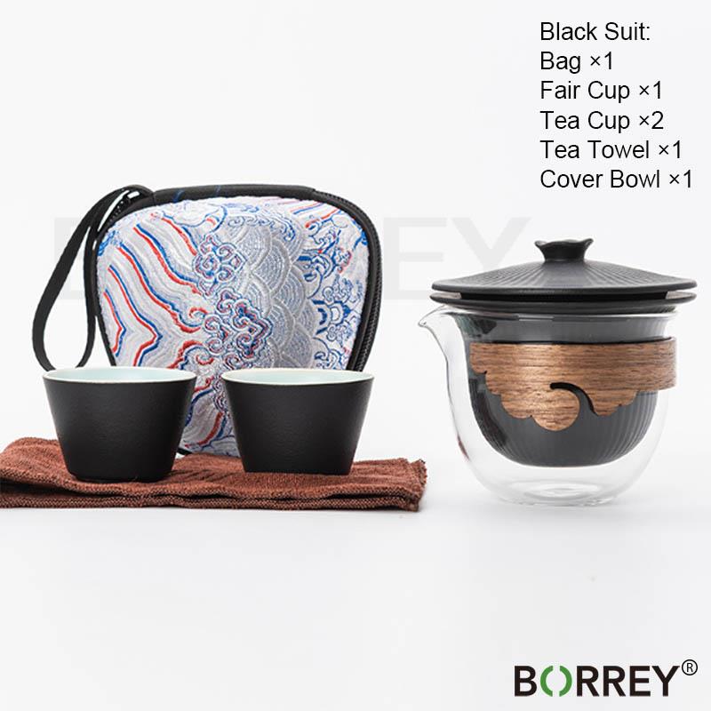 BORREY керамический портативный дорожный чайный набор кунг-фу, один горшок, две чашки, стеклянная чаша с защитой от ожогов, чайный сервиз для путешествий на открытом воздухе, чайный сервиз