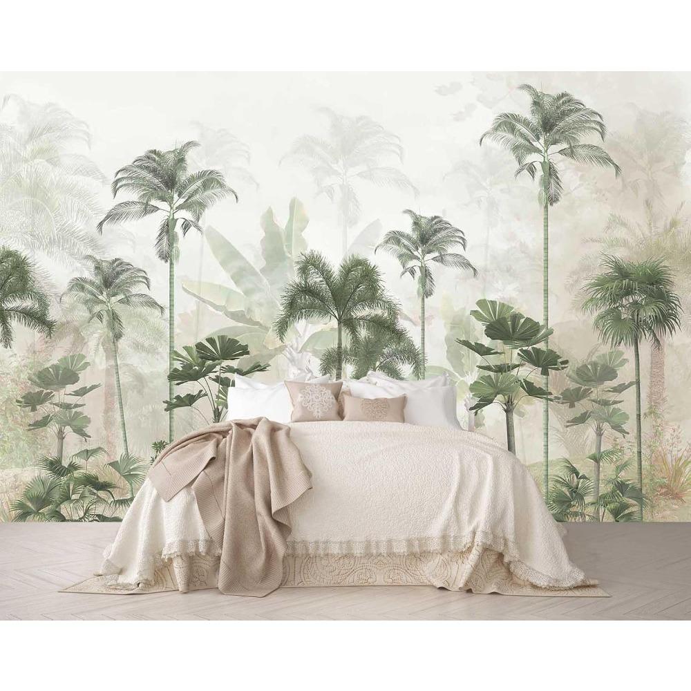 Misty Tropical Palm Forest Wall Mural Vintage Jungle Wallpaper for Living Room Bedroom Decor