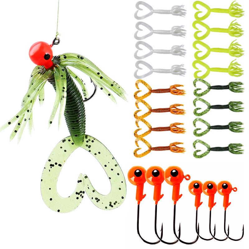 Набор рыболовных приманок с мягкими наживками в виде кальмаров, червями и крючками с джиг-головкой, рыболовные снасти в коробке