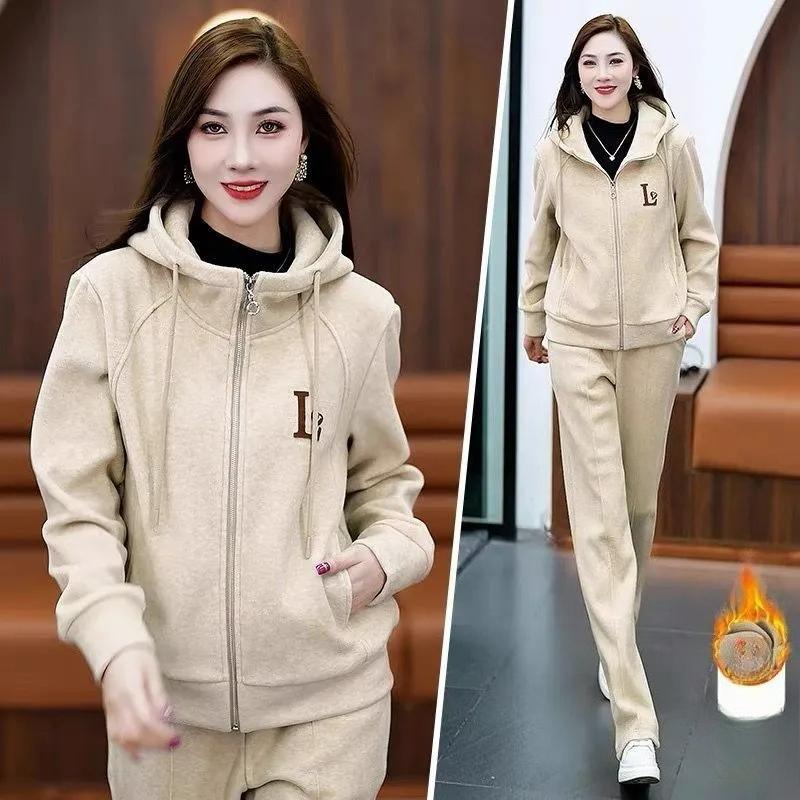 Плюс бархатный утолщенный спортивный костюм женский осенне-зимний кардиган на молнии с капюшоном свитер повседневный костюм из двух частей