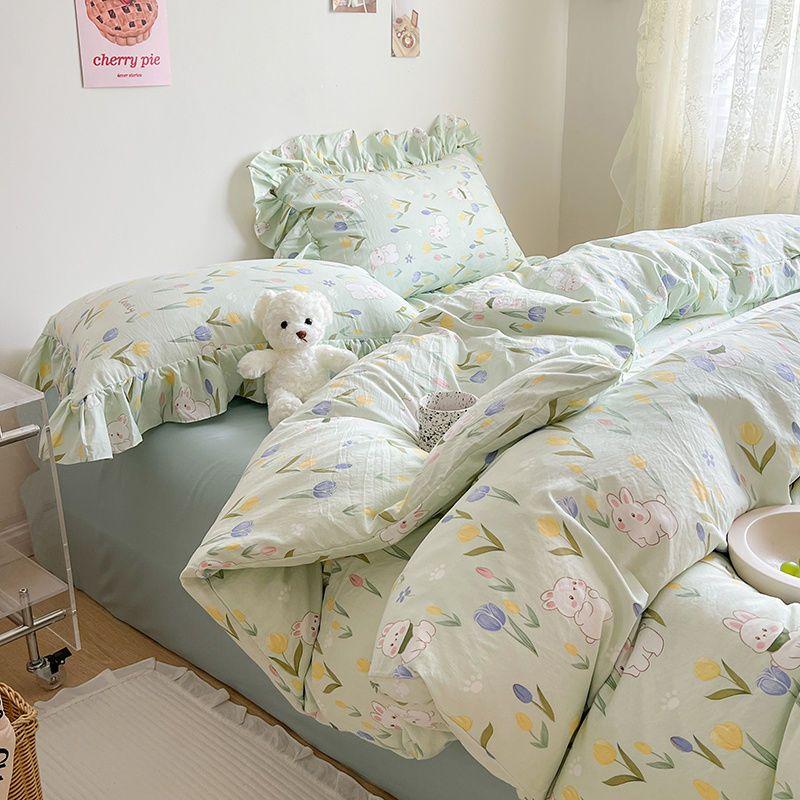 Комплект постельного белья Ins Girl с рисунком в виде вишневого сердца, двухслойный комплект из четырех предметов из розового яна, простая простыня из хлопка