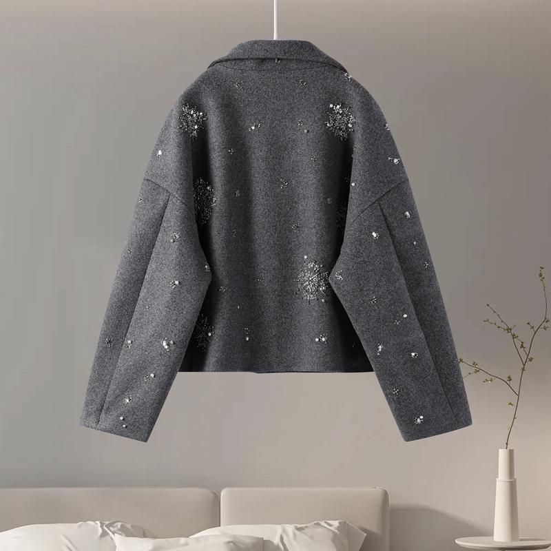 Casual Embroidery Beading Loose Women Coat Lapel Collar Bat Sleeve Solid Wool Blend Jacket 2025 Lady Luxury Spring Outerwear