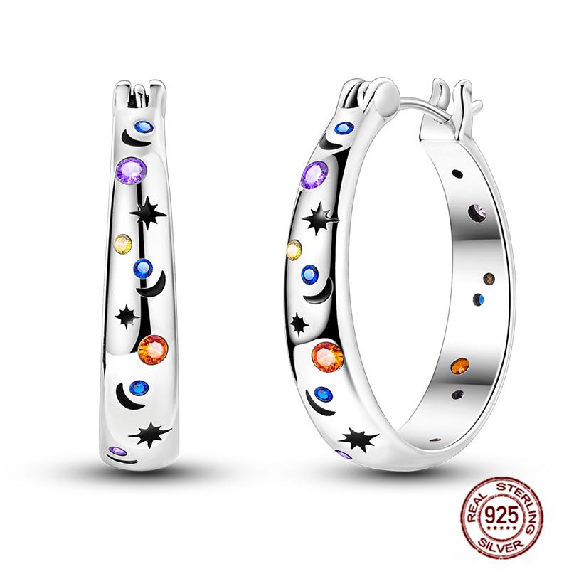 Sparkling Women Hoop Earrings 925 Copper Heart Shape Star Moon Round Blue Zircon Fit Origina Drop Earrings Zircon Holiday Gifts