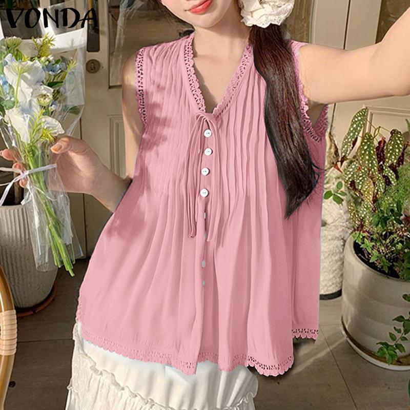 VONDA Women Summer V Neck Sleeveless Buttons Up Lace Crochet Hem Casual Tank Tops