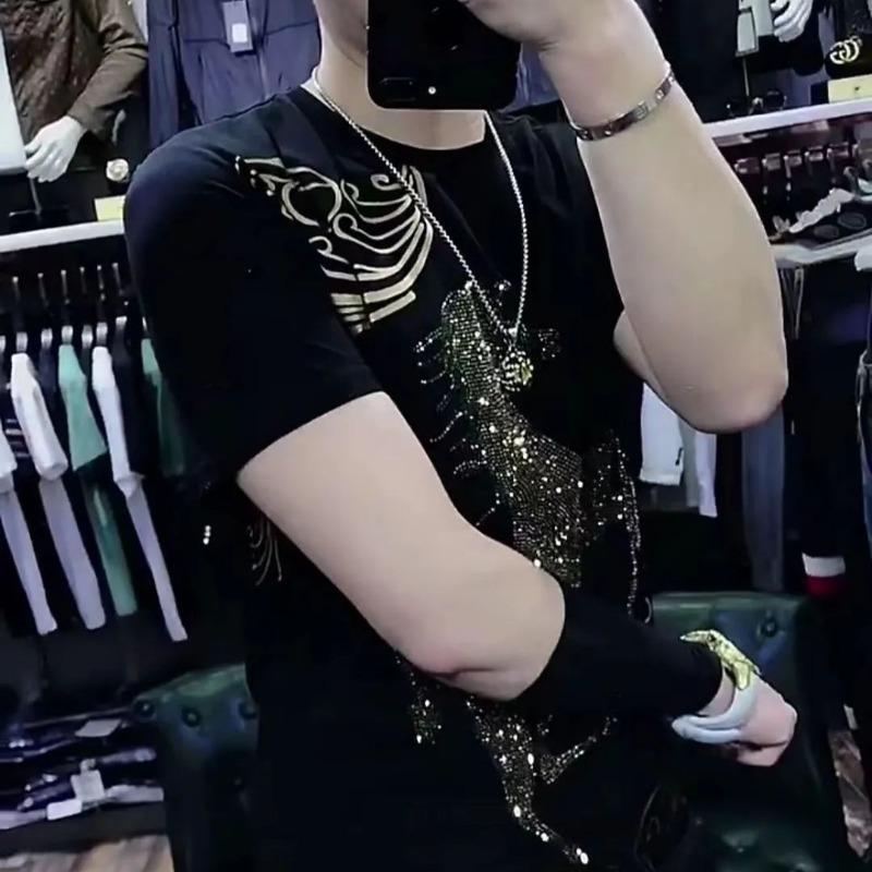 Новая мужская футболка Leisure Trend с круглым вырезом и принтом, летняя мужская мода, облегающий топ с коротким рукавом и бриллиантами