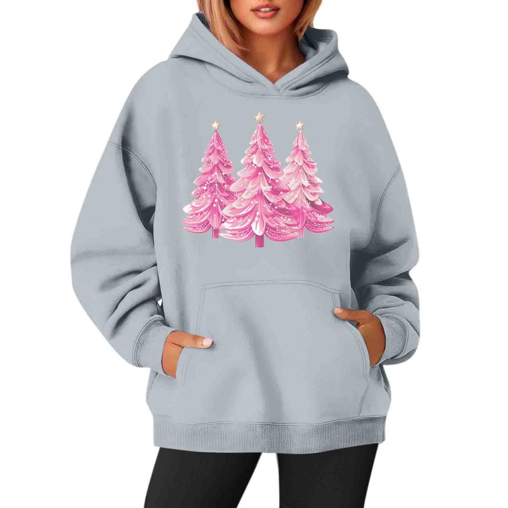 Women's Sweatshirts Round Neck Long Sleeve Christmas Printed Top Solid Color Hoodie