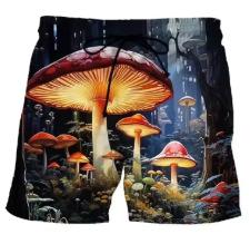 Beach shorts, men's plant and mushroom print summer clothing, Hawaiian surf shorts