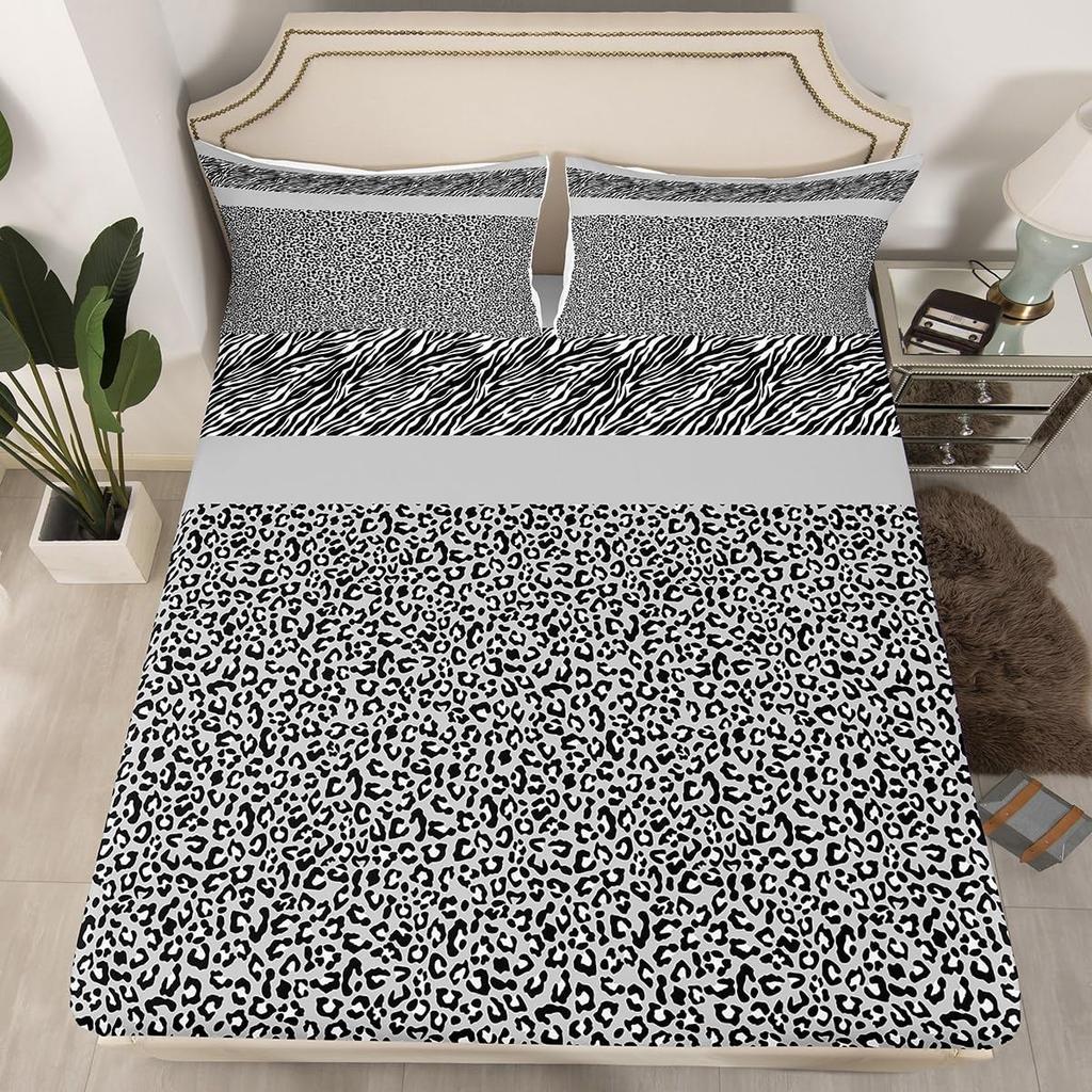 Leopard Kids Fitted Sheet, Black White Striped Bed Cover with Pillowcases, Animal Print Bedding Set for Boys Girls Room Decor