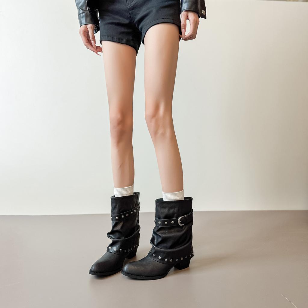 Street cool pleated stacked cowboy boots 2026 autumn and winter new fashion pointed trousers knight boots Martin boots