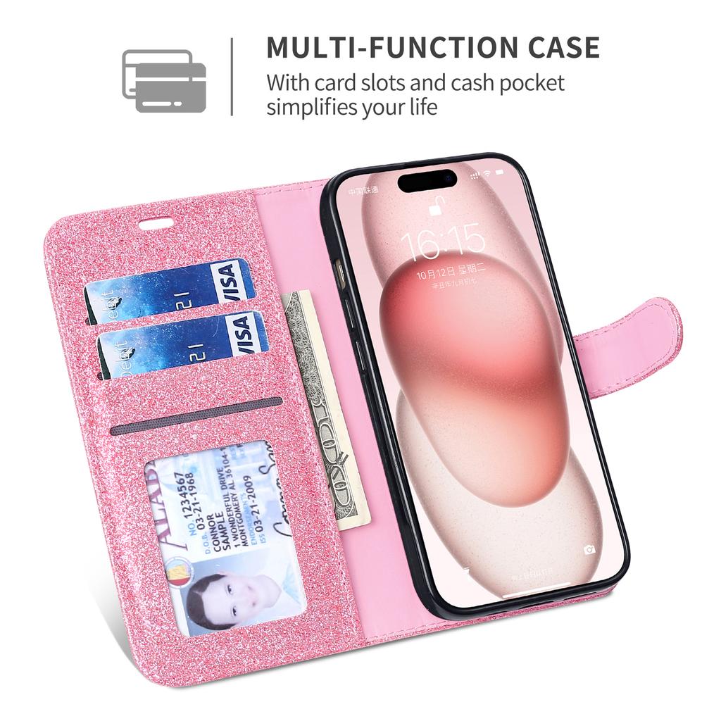Роскошный флип-чехол с блестками для iPhone 17 Pro Max 16 15 14 13 12 Mini 11 XR X XS Plus SE 2025, кожаная книжка-кошелек Bling