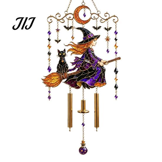 Bat Moon Themed Decor Halloween Stained Glass Style Wind Chime, Acrylic Suncatcher Hanging Ornament with Ghost Black Cat Artistic Window Light