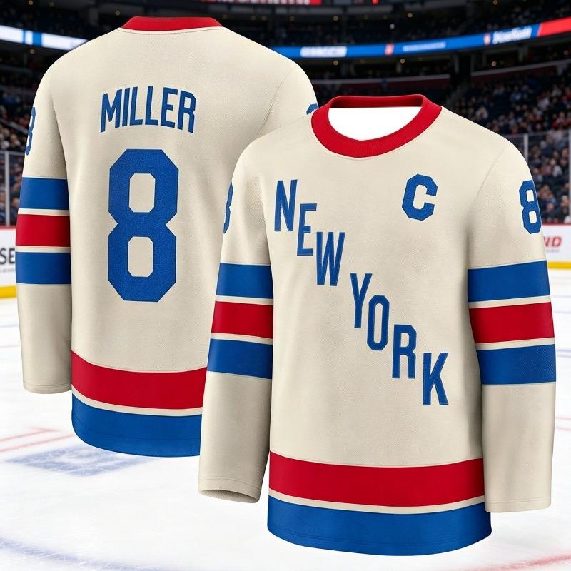 Новый мужской костюм для тренировок по хоккею 2026 года - Серия команды Rangers, 3D-печать, вышивка, влагоотводящий, белый, с длинным рукавом, детский