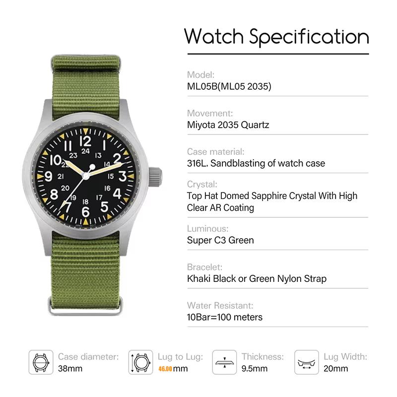 Militado ML05 38мм Мужские Часы VH31 Кварцевые Военные Часы Куполообразное Сапфировое Стекло с AR Покрытием Водонепроницаемость 100м Часы на Браслете из Нержавеющей Стали