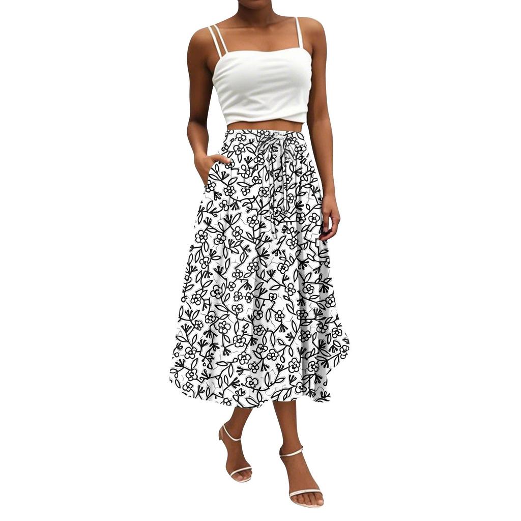 Women's Skirt Bohemian Flower Skirt Solid Color Casual Temperament With Pockets Skirt