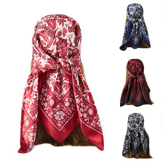 Women Neck Scarf Vintage Ethnic Style Contrast Color Square Shape Breathable Head Protection Soft Fabric Silky Women Head Wrap Female Headwear