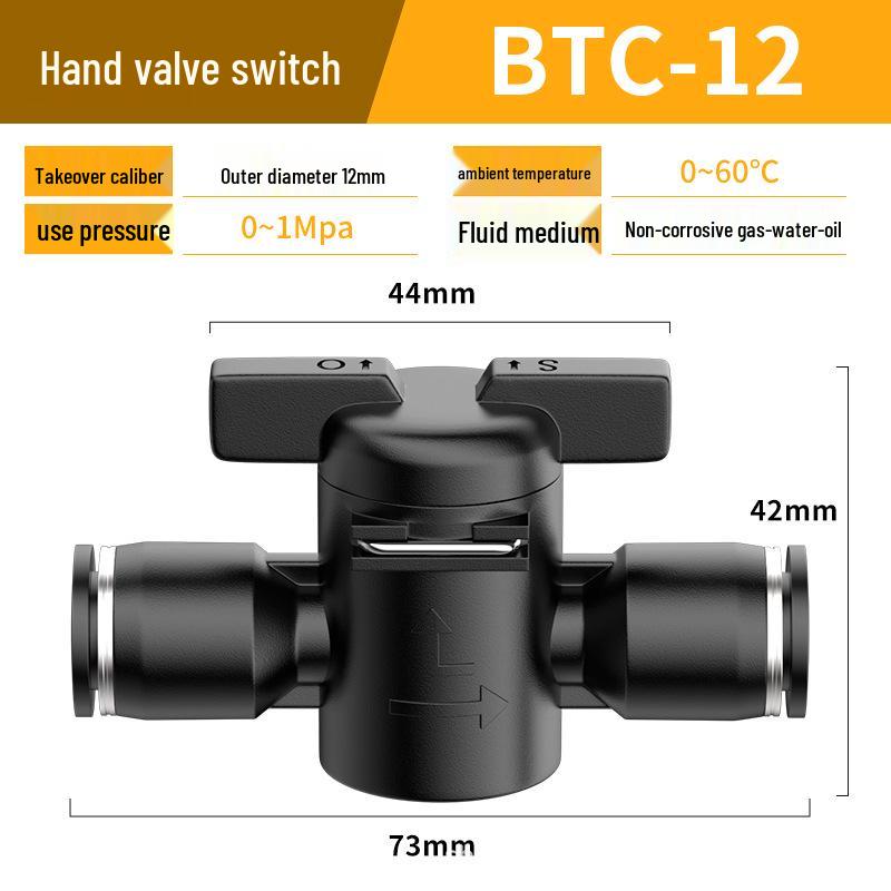 Zhuoji Pneumatic BUC-6-10 Hand Valve with 8mm Tubing, 12mm Straight-Through Air Valve, Quick-Connect Fittings.