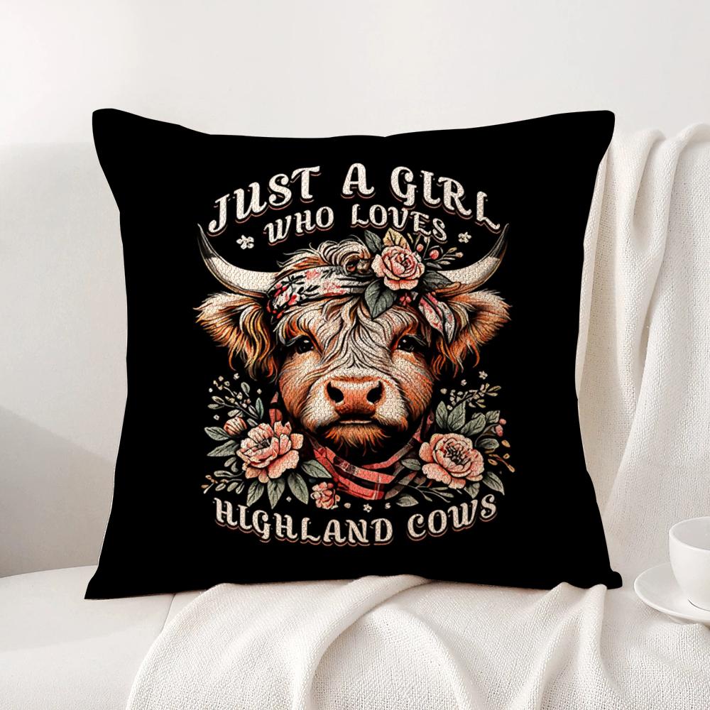 Scottish Highland cow black Cushion Cover Natural Linen Organic Fabric DoubleSided Printing Sofa Home Decor Gift Pillow Cover