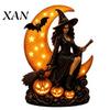 Collectible Witch Sculpture Halloween Lamp, Gothic Crescent Moon LED Night Light, Indoor Window Display Decor Spooky Decorative Table Lamp for Bedroom