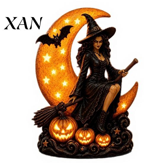 Collectible Witch Sculpture Halloween Lamp, Gothic Crescent Moon LED Night Light, Indoor Window Display Decor Spooky Decorative Table Lamp for Bedroom