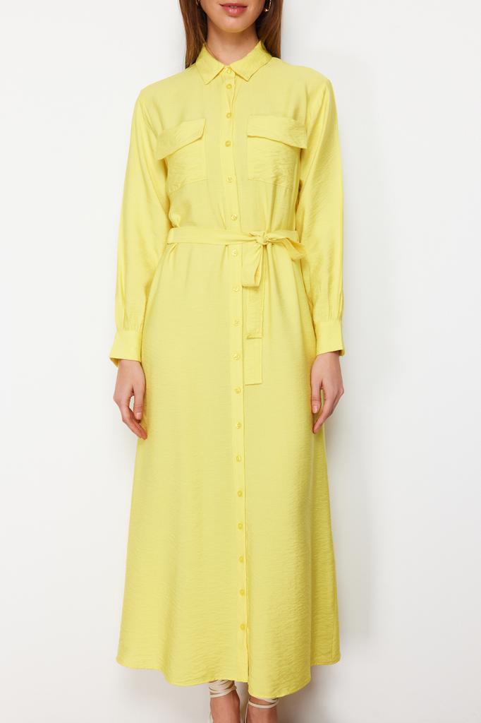 Women's Fashion New Hijab Dress Cinnamon Waist Elastic Belted Pocket Detailed Woven Dress