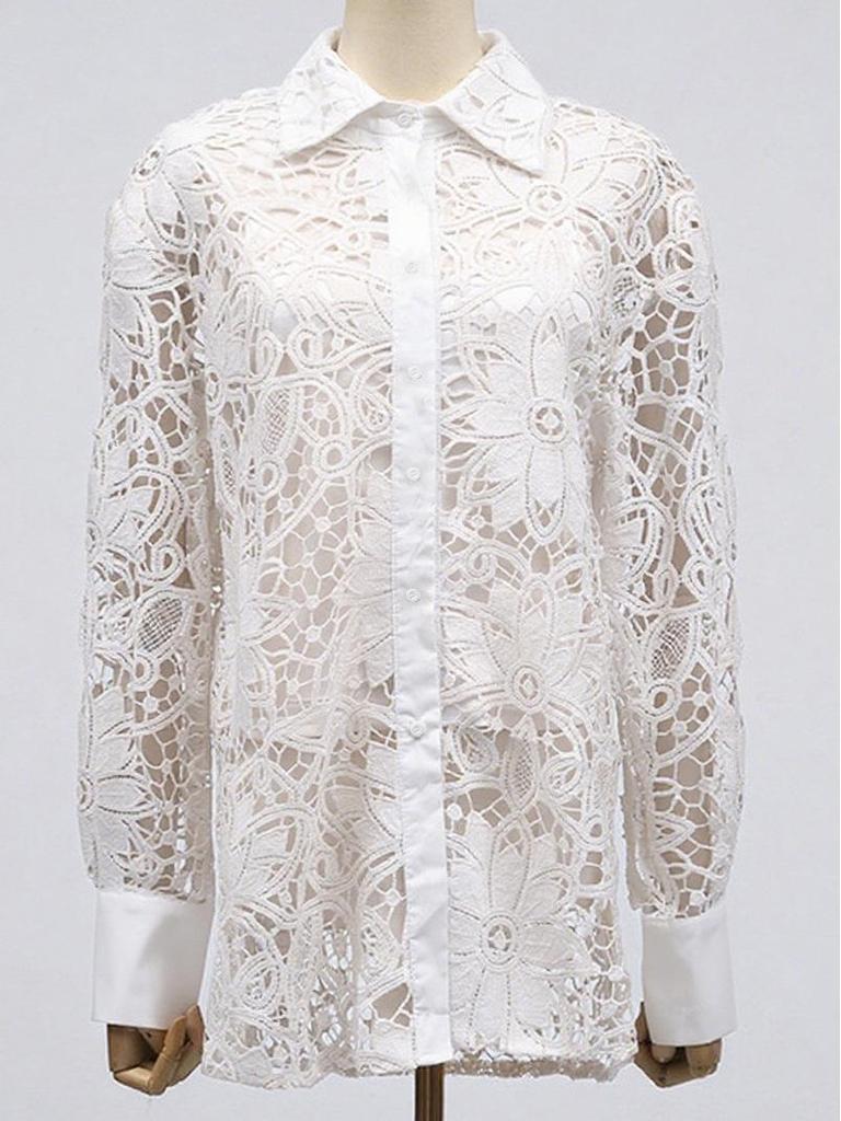 2025 French Fashion Lace Floral Long Sleeve Tunic with Turn-Down Collar